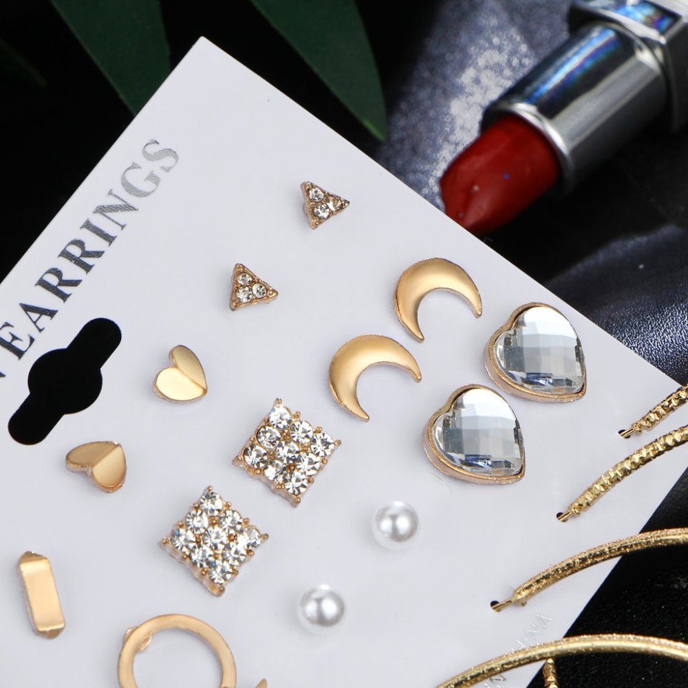 ❤️12 Pair NWT 14K Gold Geometric Crystal Heart Heart Stud Earring Set Mix, F271 - Picture 7 of 8